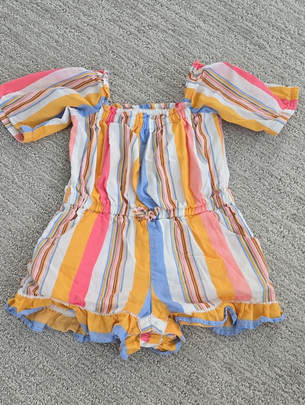 Janie and Jack Striped Romper in Yellow, Pink & Blue With Ruffle Hem